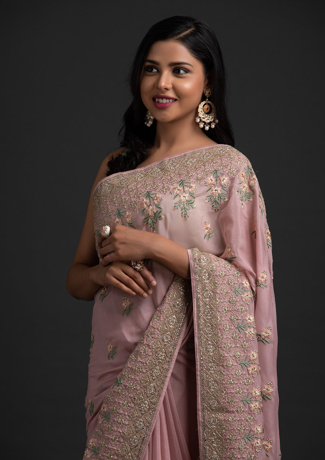 Onion Pink Zariwork Shimmer Designer Saree - koskii