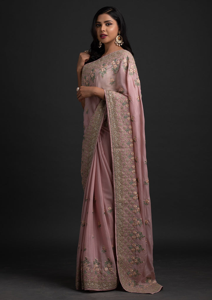 Onion Pink Zariwork Shimmer Designer Saree - koskii