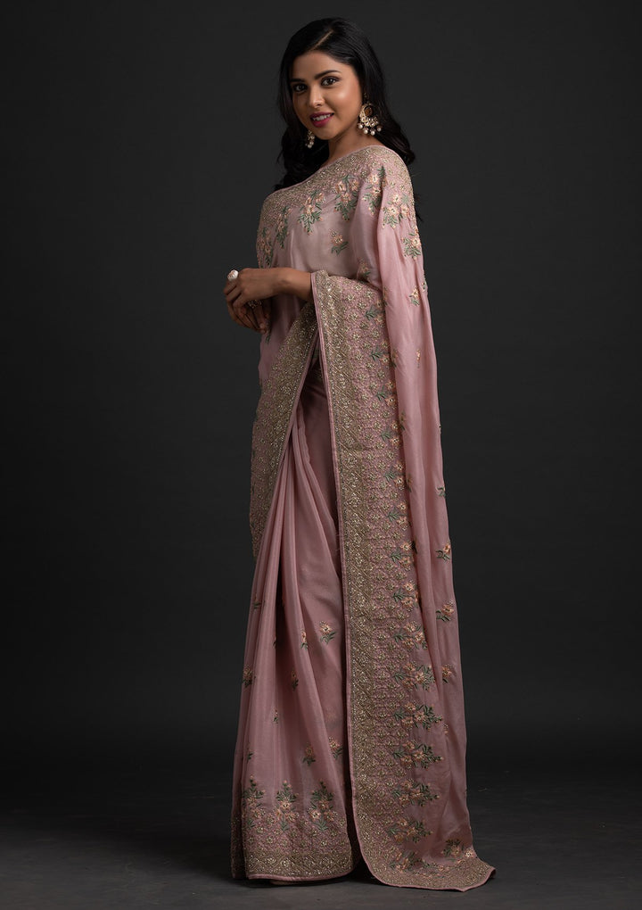 Onion Pink Zariwork Shimmer Designer Saree - koskii