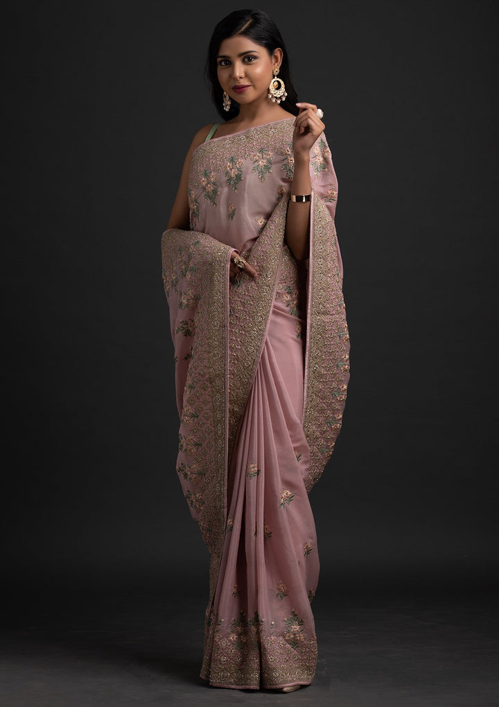 Onion Pink Zariwork Shimmer Designer Saree - koskii