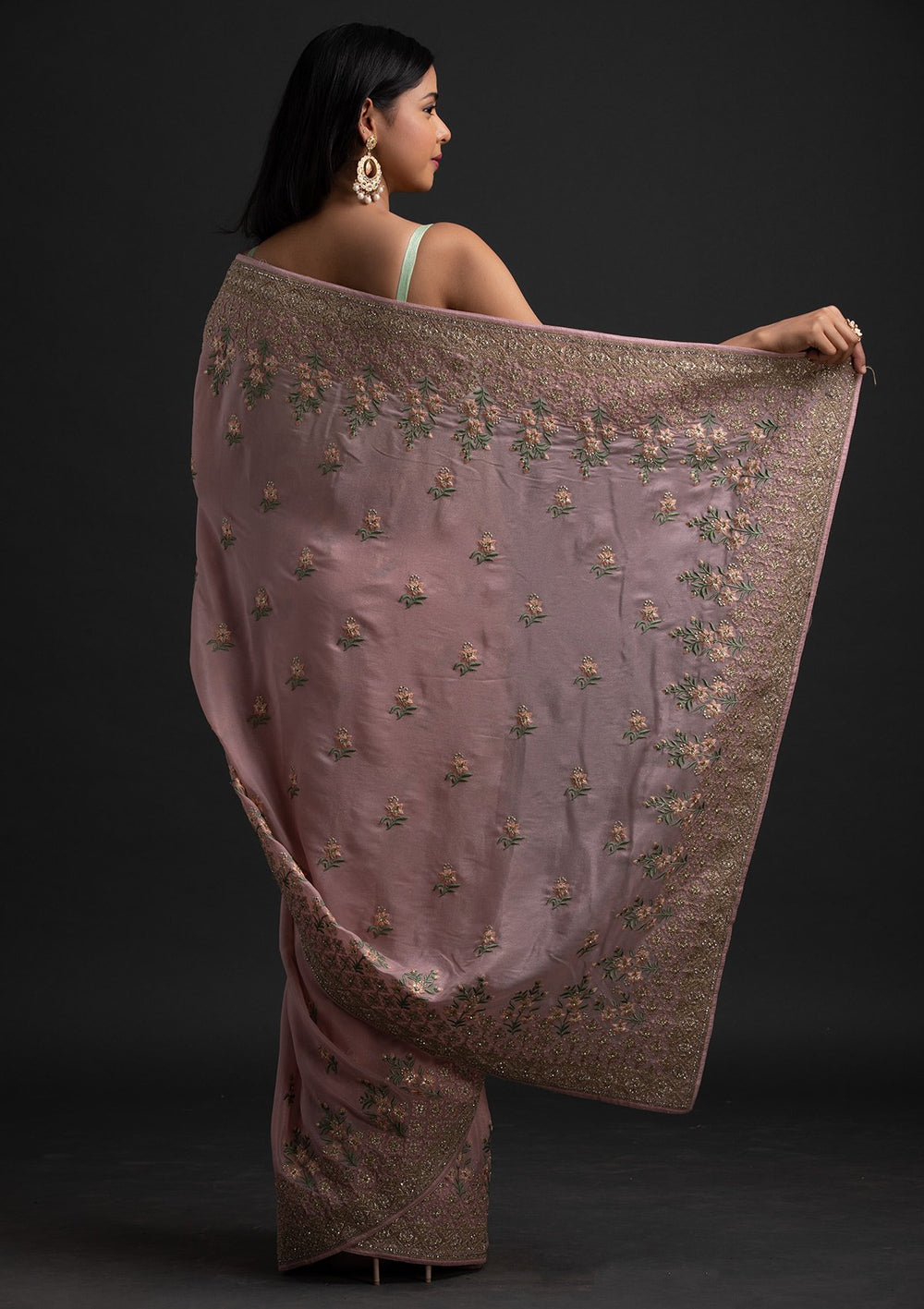 Onion Pink Zariwork Shimmer Designer Saree - koskii