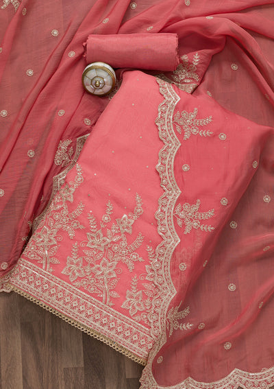 Onion Pink Zariwork Tissue Unstitched Salwar Suit-Koskii