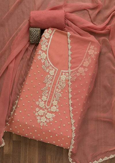 Onion Pink Pearlwork Organza Unstitched Salwar Suit-Koskii