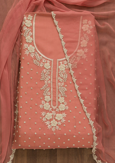 Onion Pink Pearlwork Organza Unstitched Salwar Suit-Koskii
