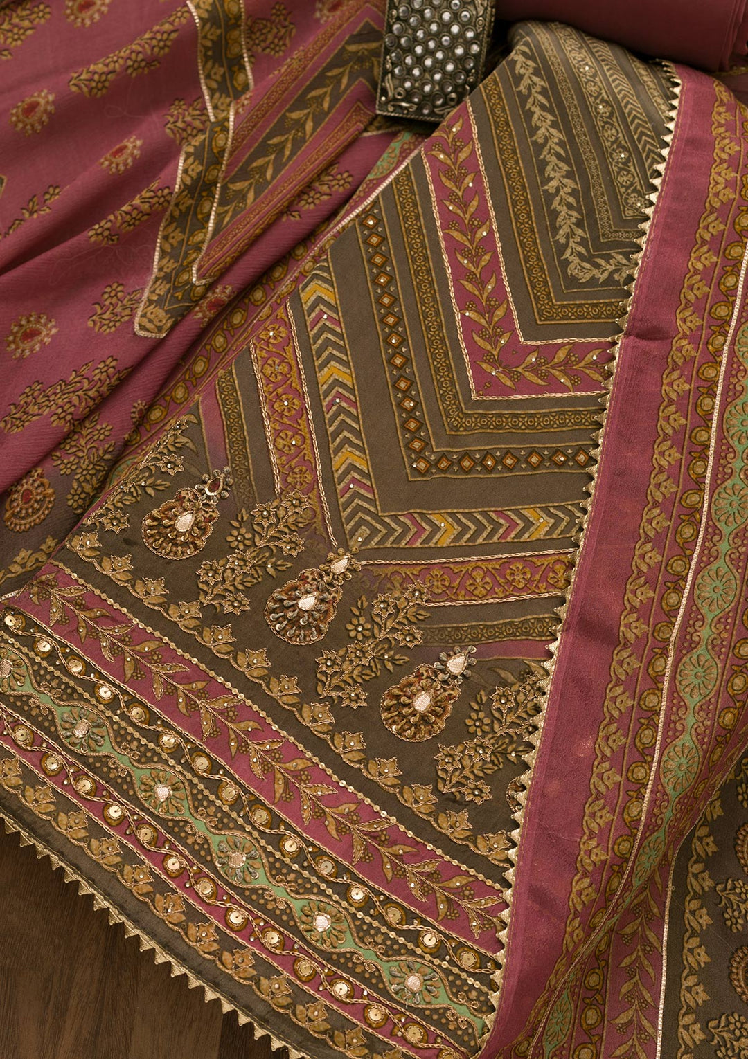 Onion Pink Zari Work Tissue Unstitched Salwar Suit-Koskii