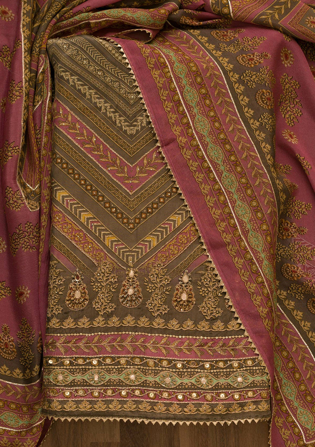 Onion Pink Zari Work Tissue Unstitched Salwar Suit-Koskii