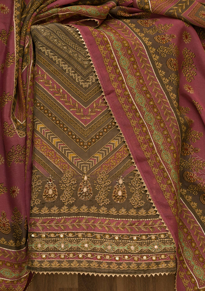 Onion Pink Zari Work Tissue Unstitched Salwar Suit-Koskii