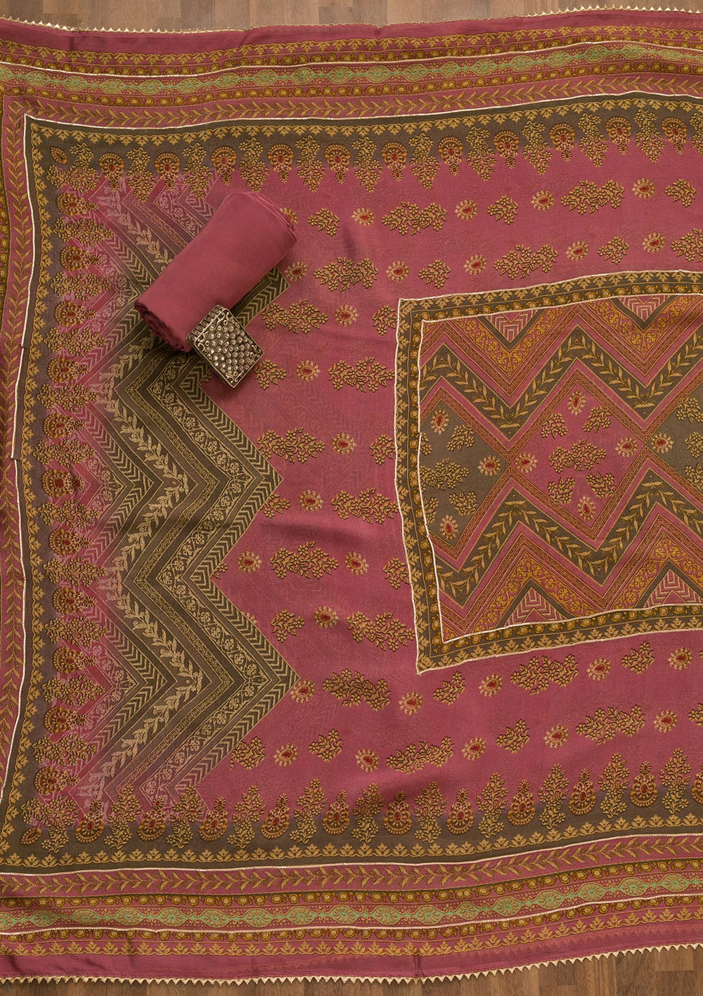 Onion Pink Zari Work Tissue Unstitched Salwar Suit-Koskii