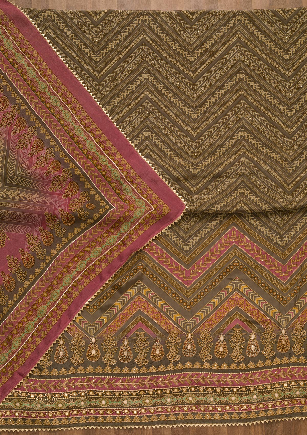 Onion Pink Zari Work Tissue Unstitched Salwar Suit-Koskii