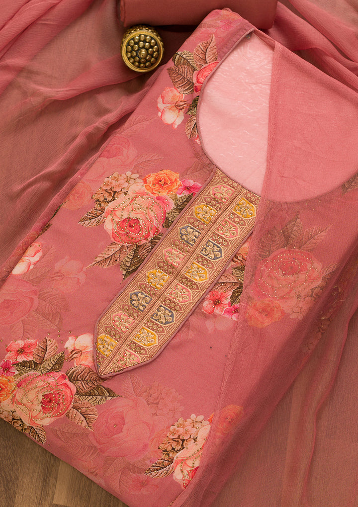 Onion Pink Swarovski Semi Crepe Unstitched Salwar Suit-Koskii