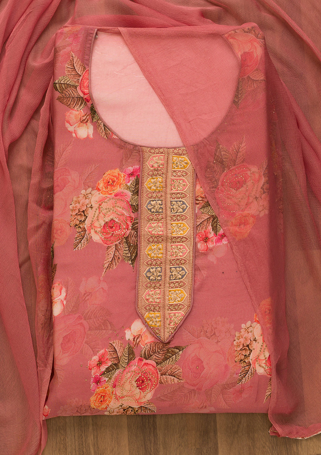 Onion Pink Swarovski Semi Crepe Unstitched Salwar Suit-Koskii