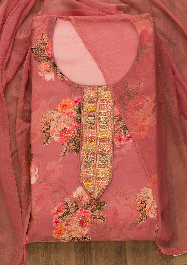 Onion Pink Swarovski Semi Crepe Unstitched Salwar Suit-Koskii