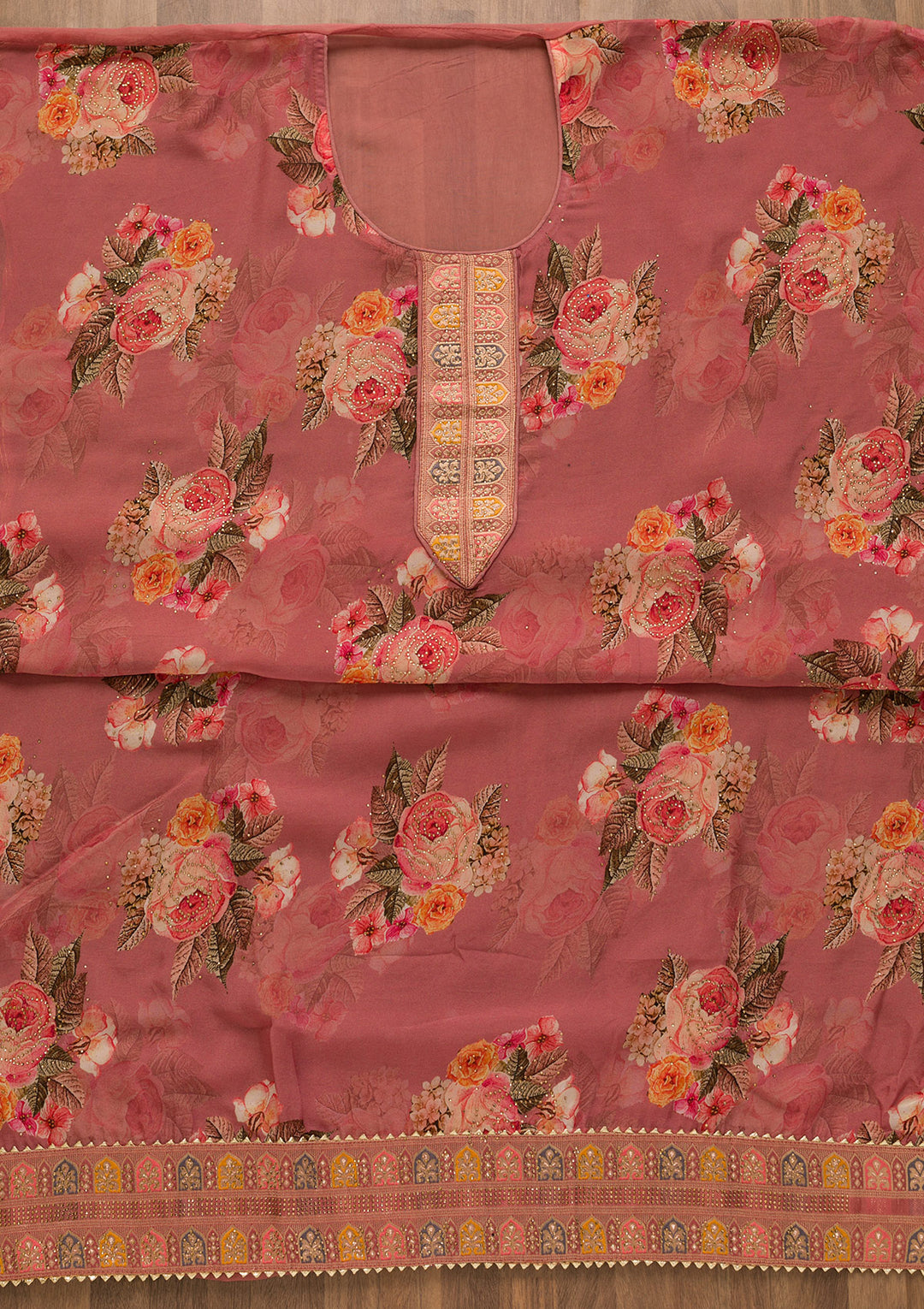 Onion Pink Swarovski Semi Crepe Unstitched Salwar Suit-Koskii