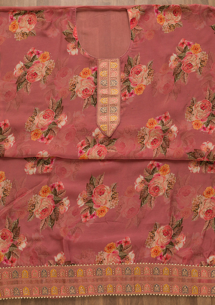 Onion Pink Swarovski Semi Crepe Unstitched Salwar Suit-Koskii
