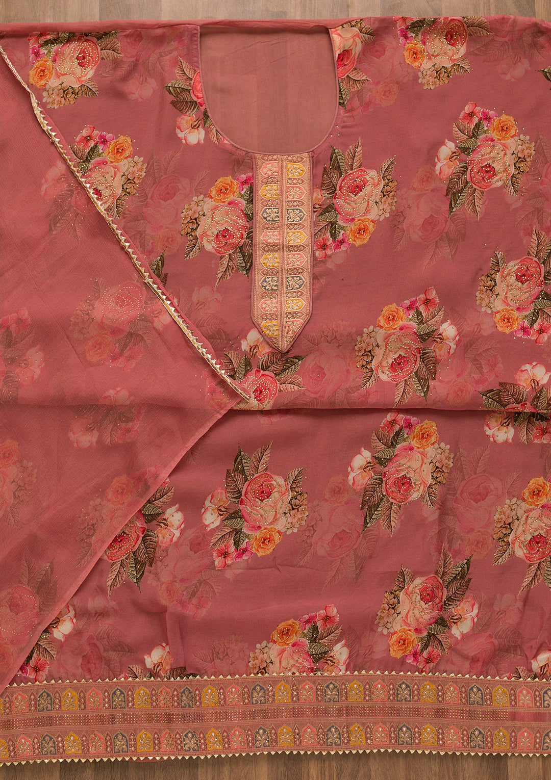 Onion Pink Swarovski Semi Crepe Unstitched Salwar Suit-Koskii