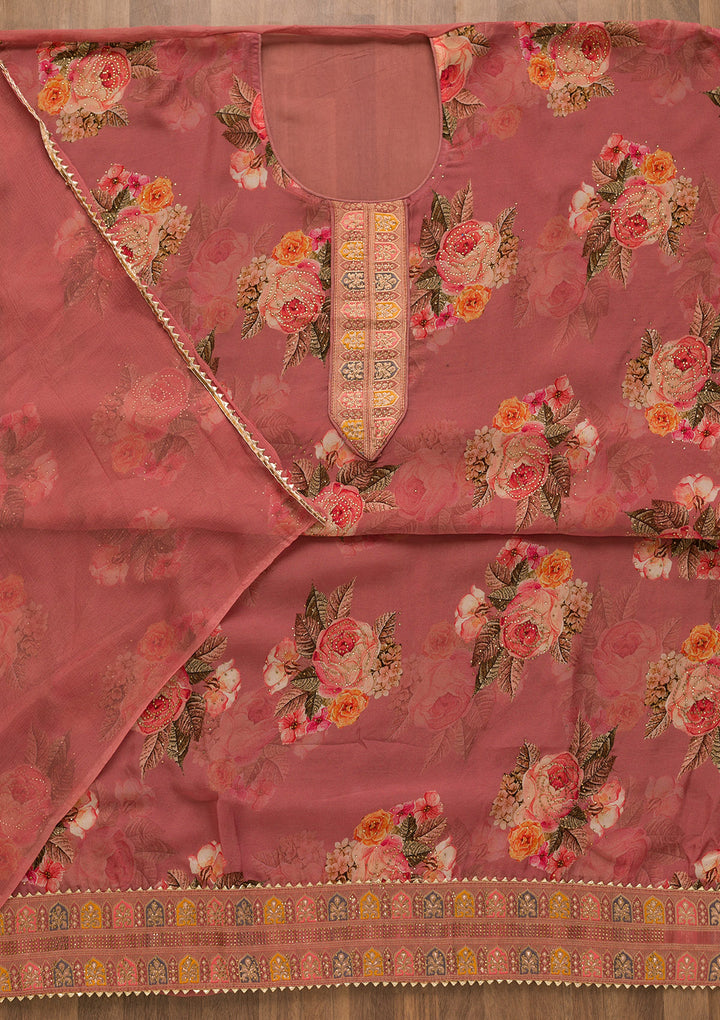 Onion Pink Swarovski Semi Crepe Unstitched Salwar Suit-Koskii
