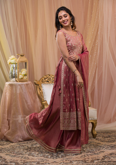 Onion Pink Zariwork Art Silk Readymade Salwar Suit-Koskii