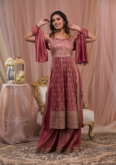 Onion Pink Zariwork Art Silk Readymade Salwar Suit-Koskii