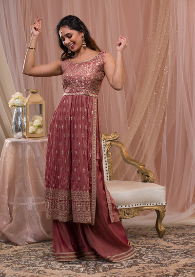 Onion Pink Zariwork Art Silk Readymade Salwar Suit-Koskii