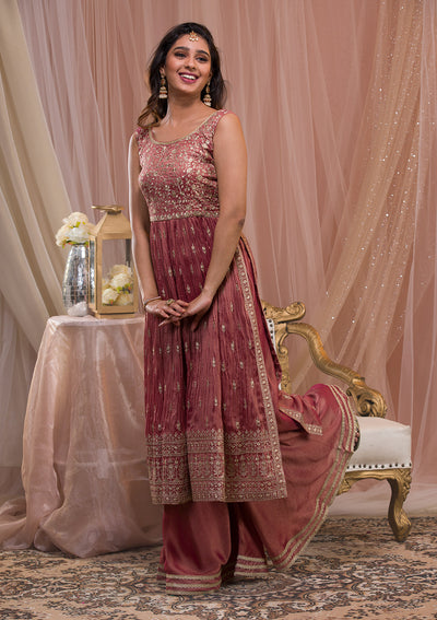 Onion Pink Zariwork Art Silk Readymade Salwar Suit-Koskii