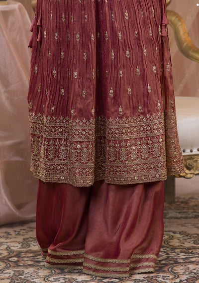 Onion Pink Zariwork Art Silk Readymade Salwar Suit-Koskii