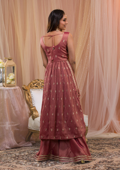 Onion Pink Zariwork Art Silk Readymade Salwar Suit-Koskii