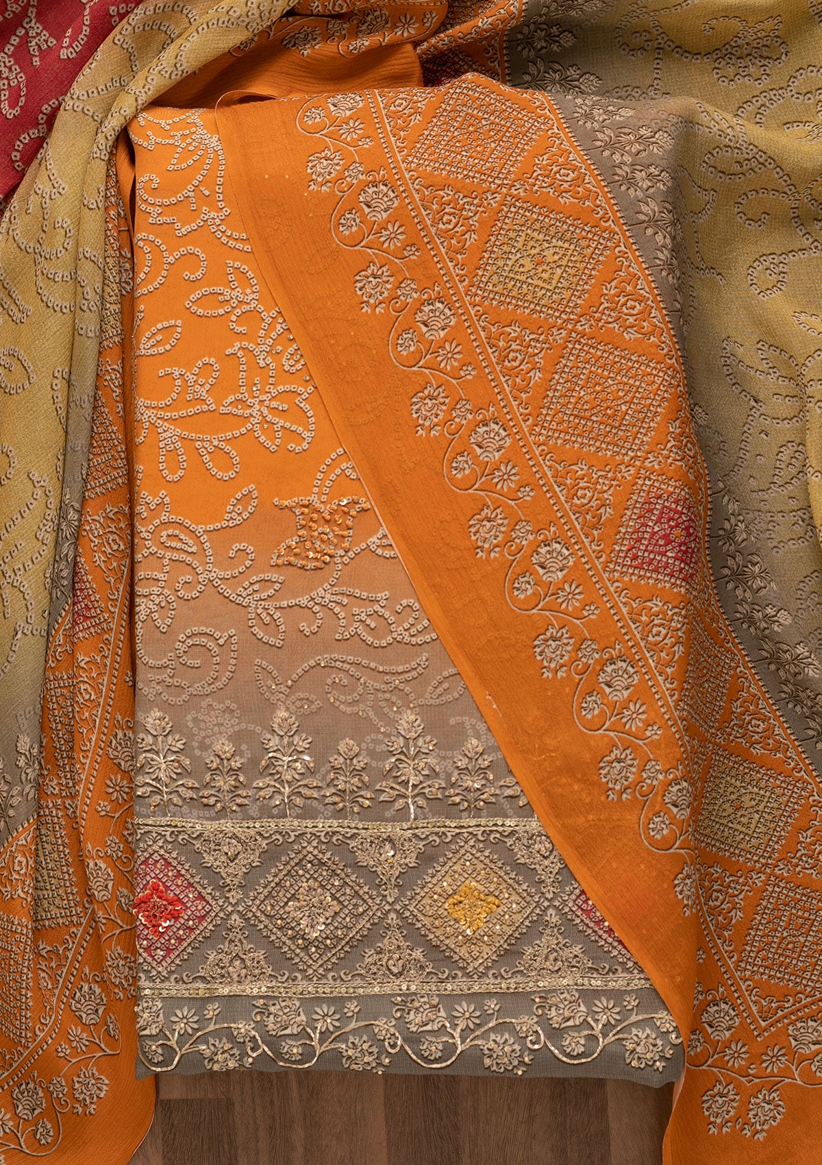 Orange Bandhani Crepe Unstitched Salwar Suit-Koskii