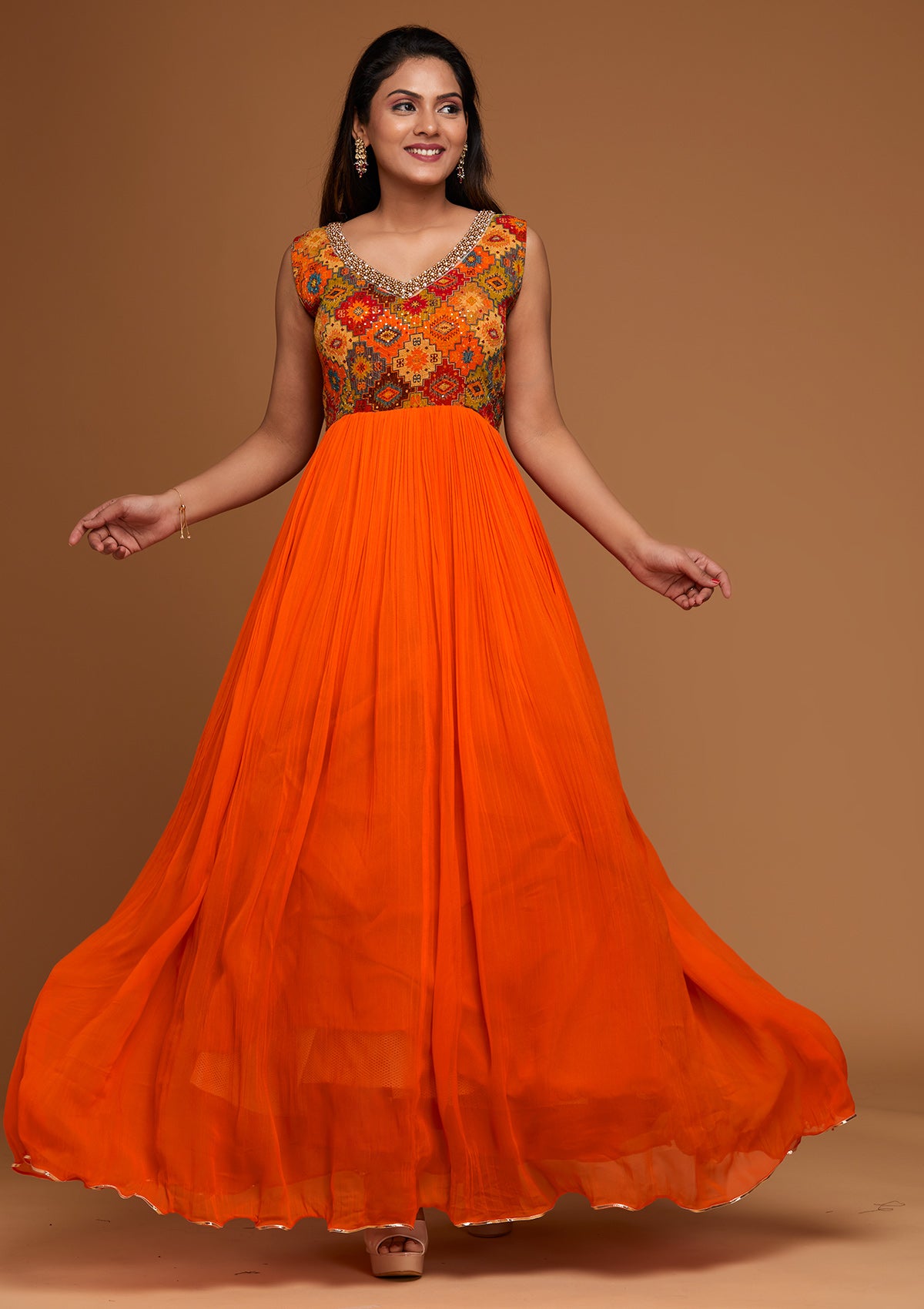 Orange Pearlwork Georgette Designer Salwar Suit - Koskii