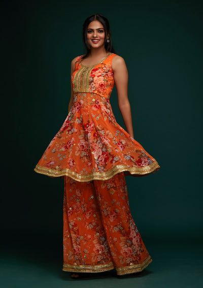 Orange Print Georgette Designer Salwar Suit - Koskii
