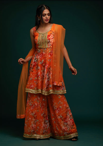 Orange Print Georgette Designer Salwar Suit - Koskii