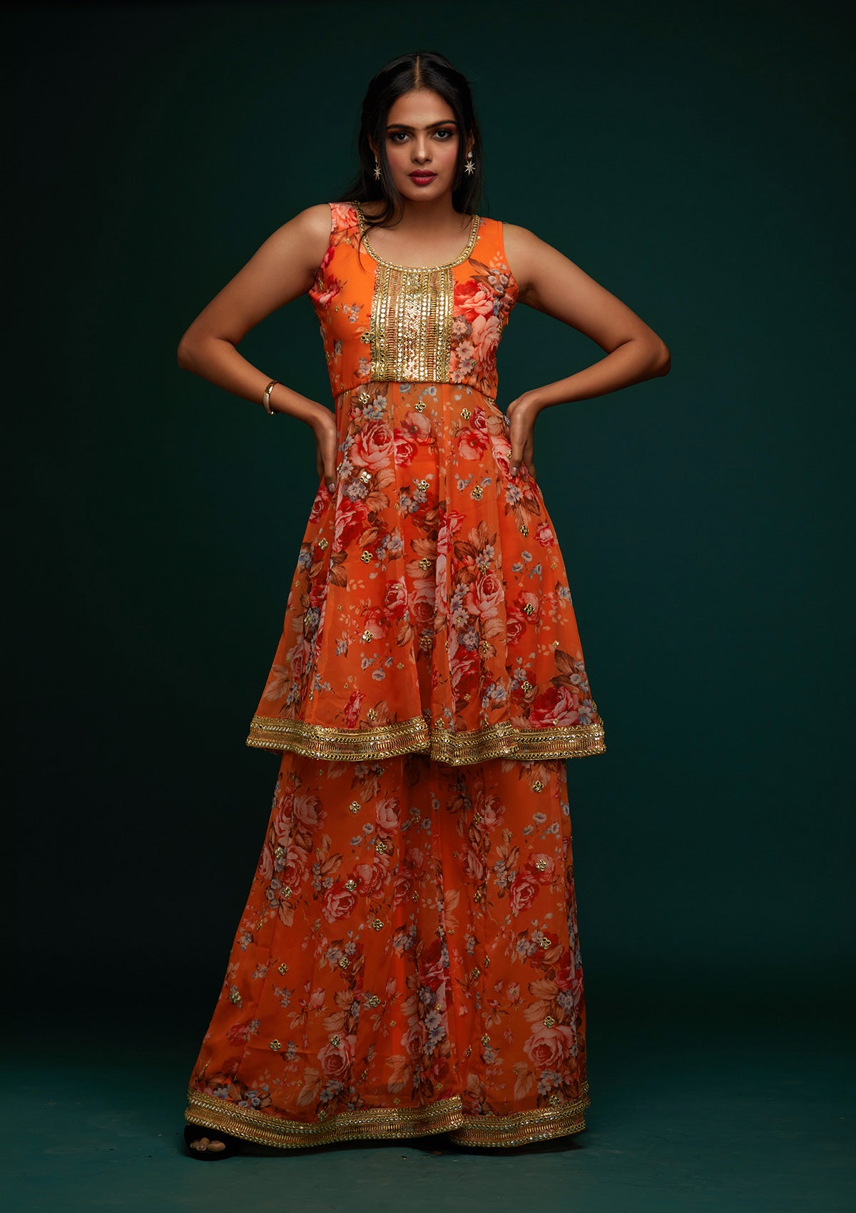 Orange Print Georgette Designer Salwar Suit - Koskii