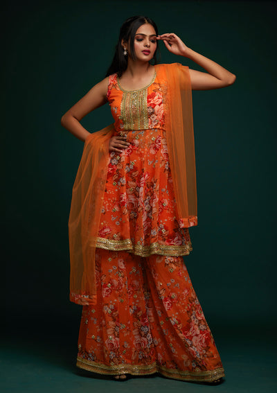 Orange Print Georgette Designer Salwar Suit - Koskii