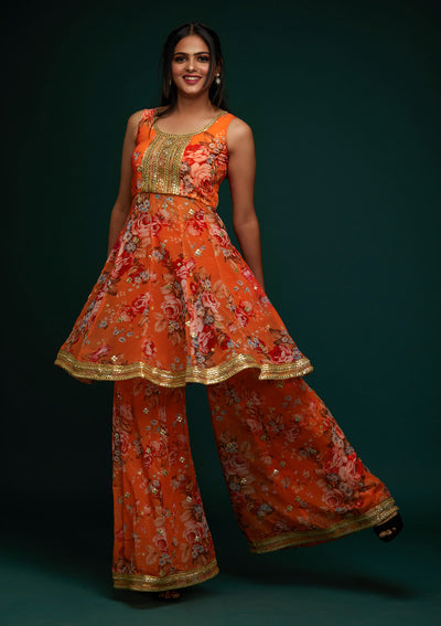 Orange Print Georgette Designer Salwar Suit - Koskii