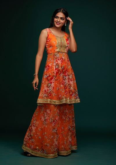 Orange Print Georgette Designer Salwar Suit - Koskii