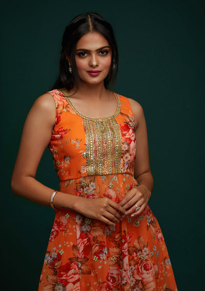 Orange Print Georgette Designer Salwar Suit - Koskii