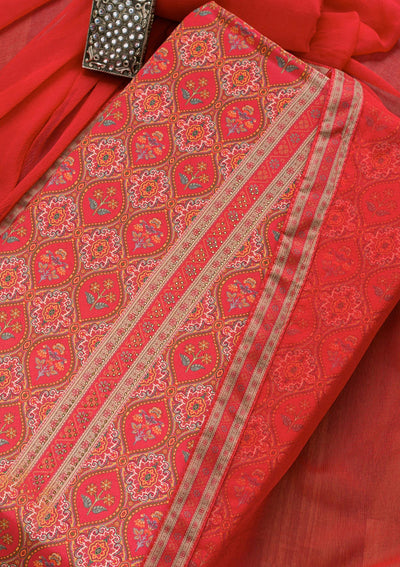 Orange Soft Silk Printed Unstitched Salwar Suit-Koskii
