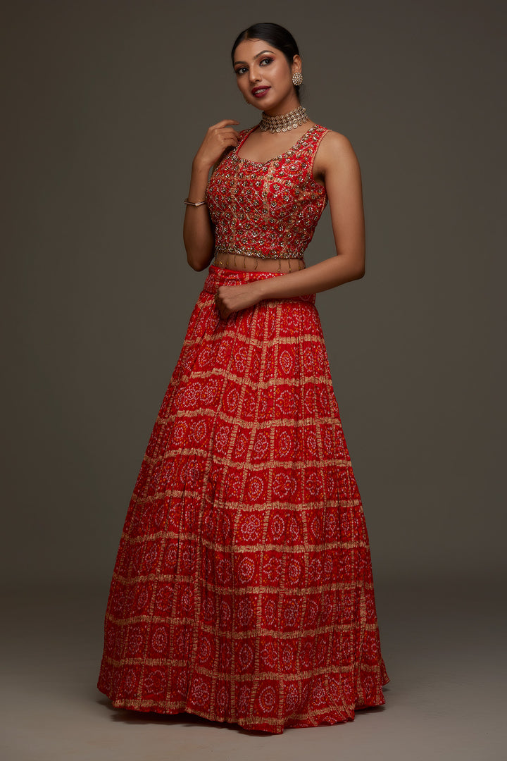 Orange Sequins Georgette Designer Lehenga - Koskii