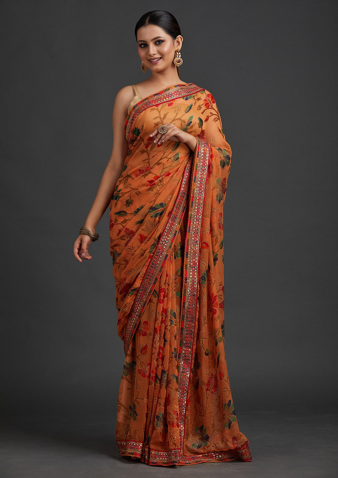 Orange Sequins Georgette Designer Saree - koskii