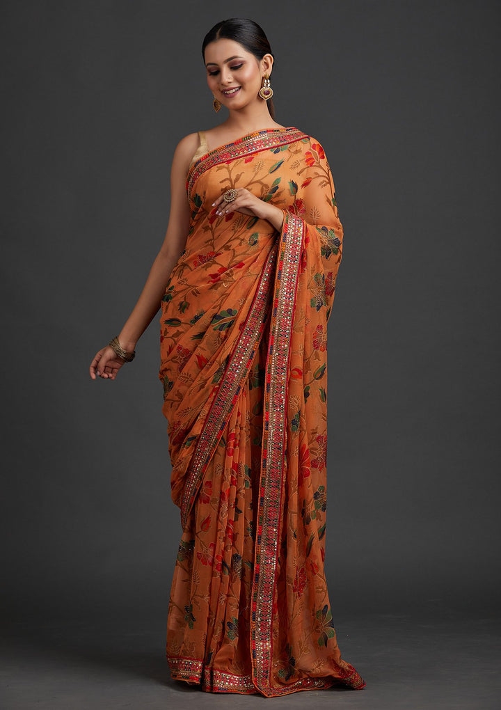Orange Sequins Georgette Designer Saree - koskii