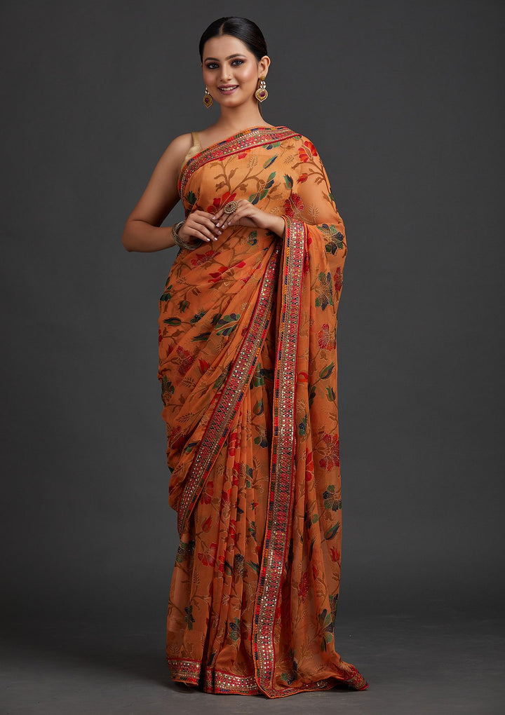 Orange Sequins Georgette Designer Saree - koskii