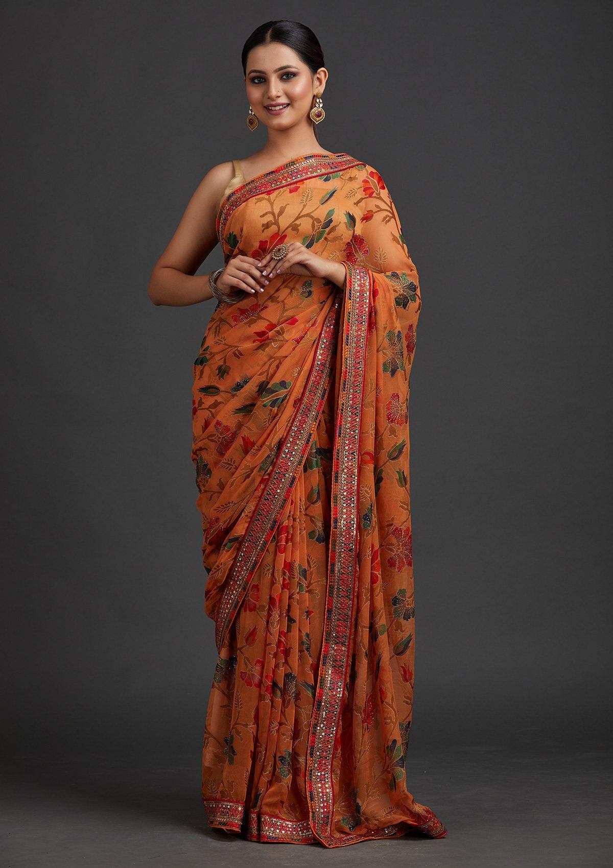 Orange Sequins Georgette Designer Saree - koskii