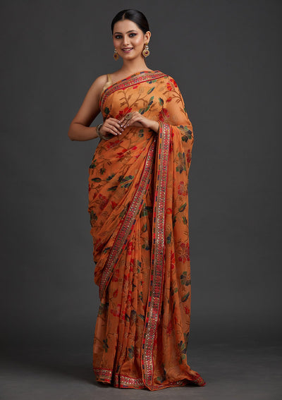 Orange Sequins Georgette Designer Saree - koskii