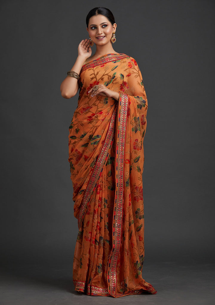 Orange Sequins Georgette Designer Saree - koskii