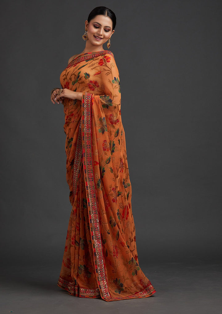 Orange Sequins Georgette Designer Saree - koskii