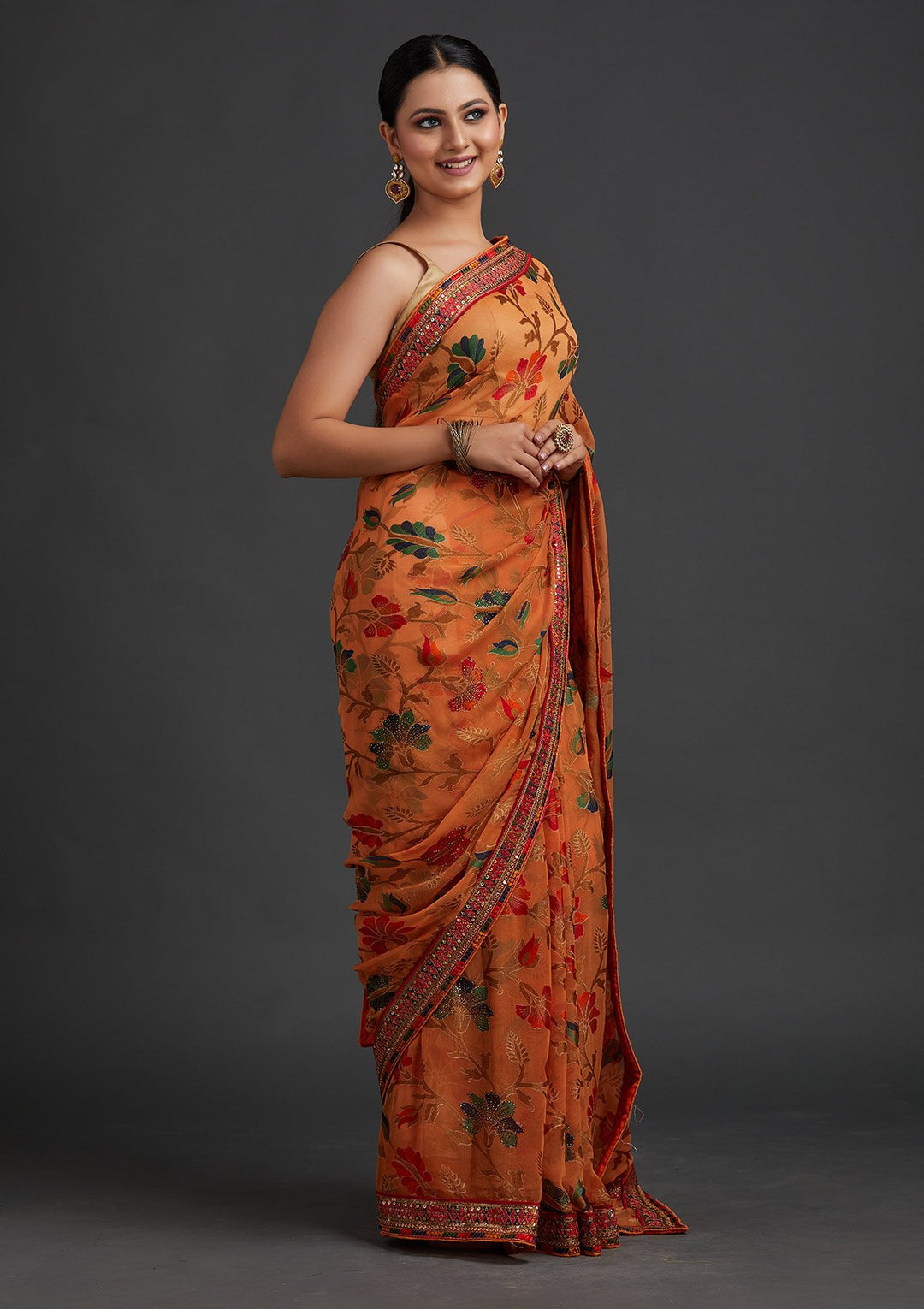 Orange Sequins Georgette Designer Saree - koskii