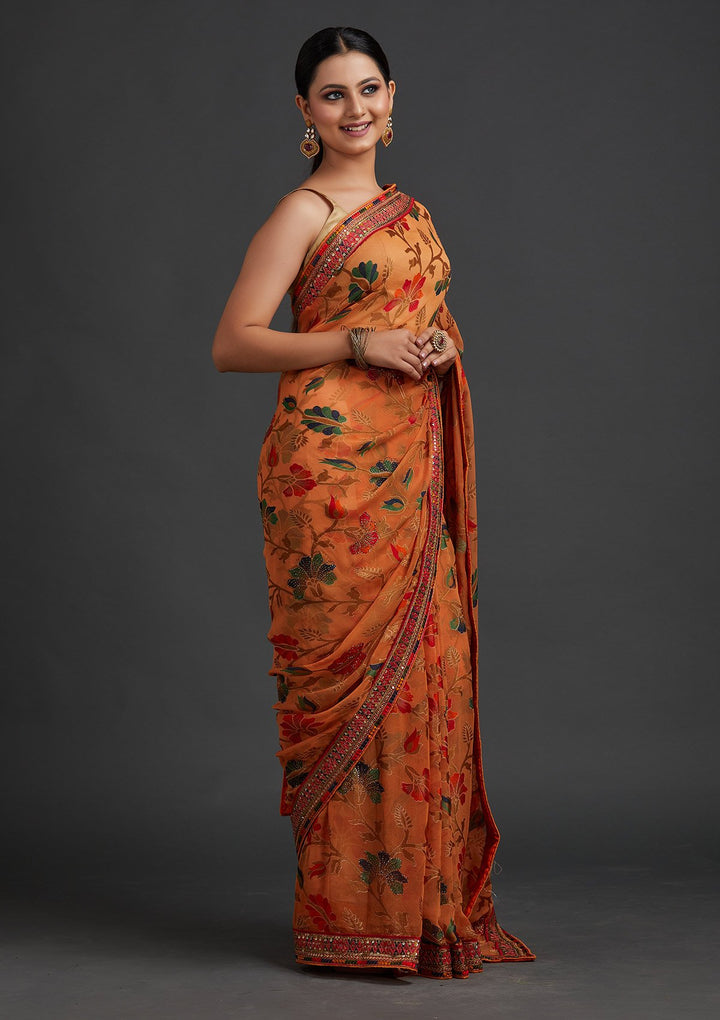 Orange Sequins Georgette Designer Saree - koskii