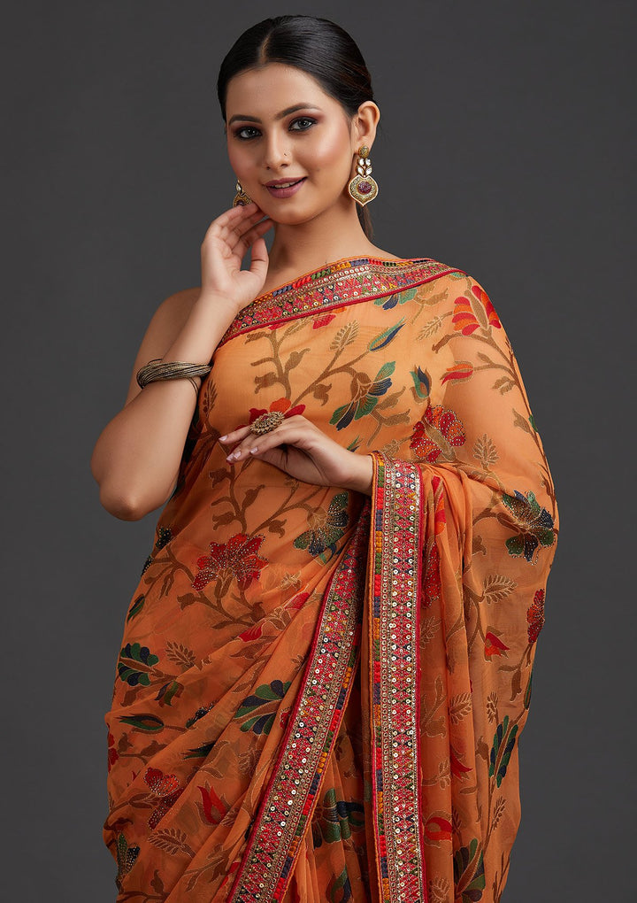 Orange Sequins Georgette Designer Saree - koskii