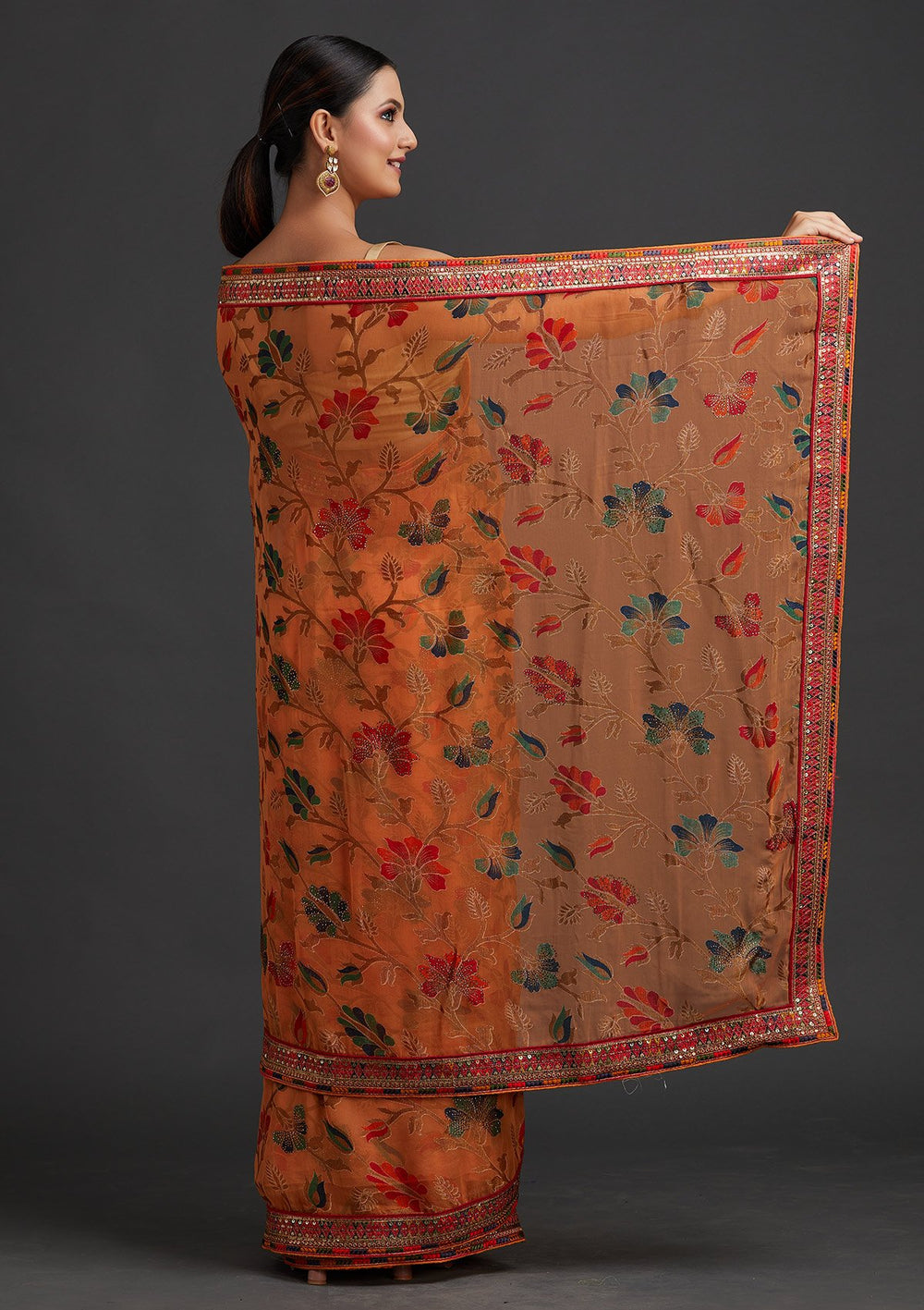 Orange Sequins Georgette Designer Saree - koskii