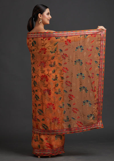 Orange Sequins Georgette Designer Saree - koskii