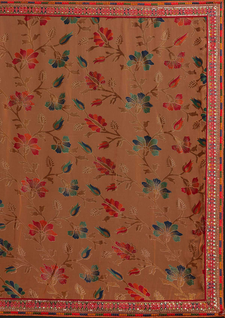 Orange Sequins Georgette Designer Saree - koskii